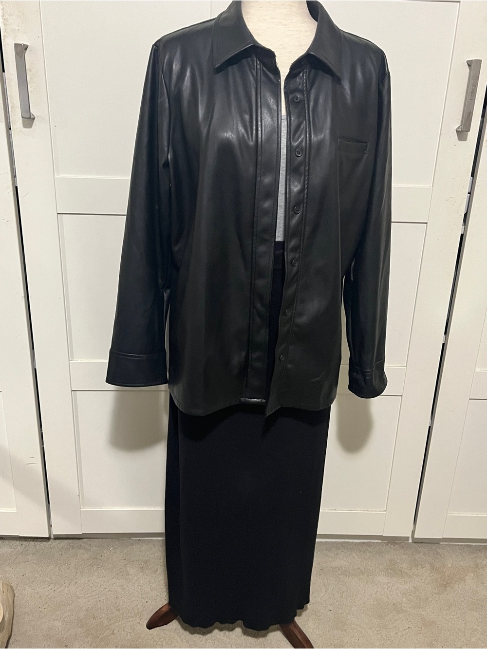 Black Leather Button-Front Shirt Jacket